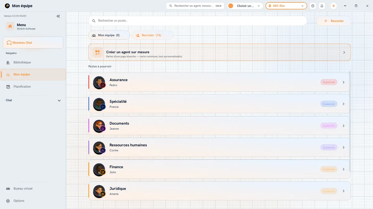 Écran « Mon équipe » de Skritch Office : les postes à pourvoir (assurance, spécialité, documents, ressources humaines, finance, juridique) et le bouton Recruter.